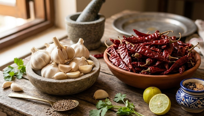 Fresh ingredients for authentic Rajasthani garlic chutney recipe including fat garlic cloves and dry red chillies.