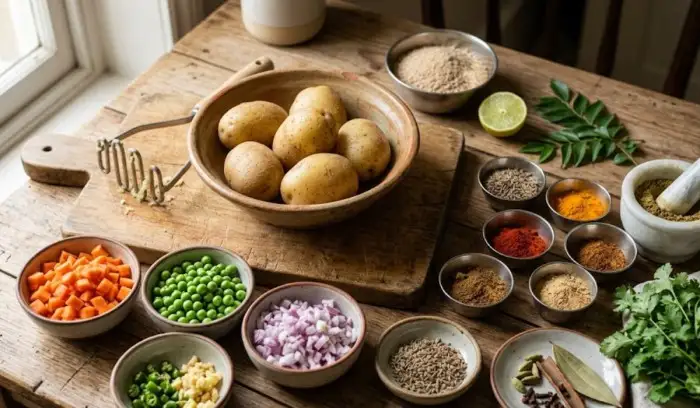 Fresh ingredients for veg cutlet recipe Indian style, including boiled potatoes, chopped carrots, green peas, onions, and spices. Fresh ingredients for veg cutlet recipe Indian style, including boiled potatoes, chopped carrots, green peas, onions, and spices.