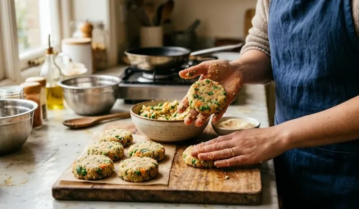 Hands shaping mixture into round patties for an easy bread cutlet recipe. Hands shaping mixture into round patties for an easy bread cutlet recipe.