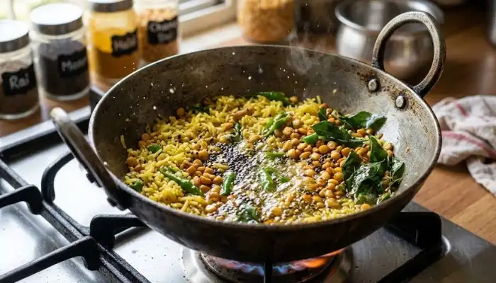 Gently mixing the yellow turmeric and lemon tadka into cooked white sona masoori rice grains in a kadhai. Gently mixing the yellow turmeric and lemon tadka into cooked white sona masoori rice grains in a kadhai.