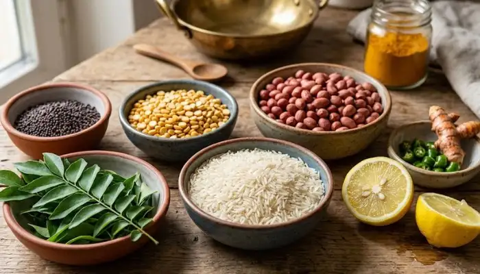 Raw ingredients for making lemon rice arranged in bowls including mustard seeds, chana dal, raw peanuts, fresh curry leaves, and a cut lemon. Raw ingredients for making lemon rice arranged in bowls including mustard seeds, chana dal, raw peanuts, fresh curry leaves, and a cut lemon.
