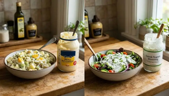High calorie mayonnaise vs healthy Greek yogurt for salad dressing