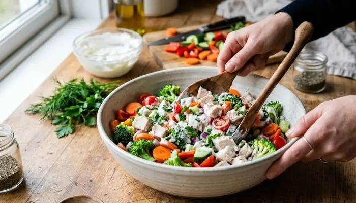 Mixing boiled chicken breast with vegetables and Greek yogurt dressing