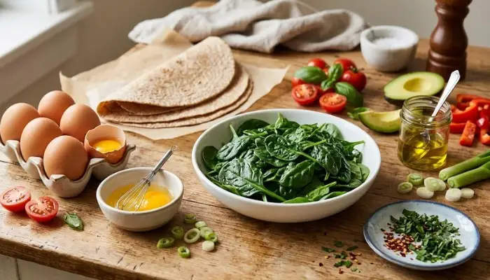 Fresh ingredients for a healthy egg breakfast wrap including eggs, spinach, and whole wheat tortilla. Fresh ingredients for a healthy egg breakfast wrap including eggs, spinach, and whole wheat tortilla.