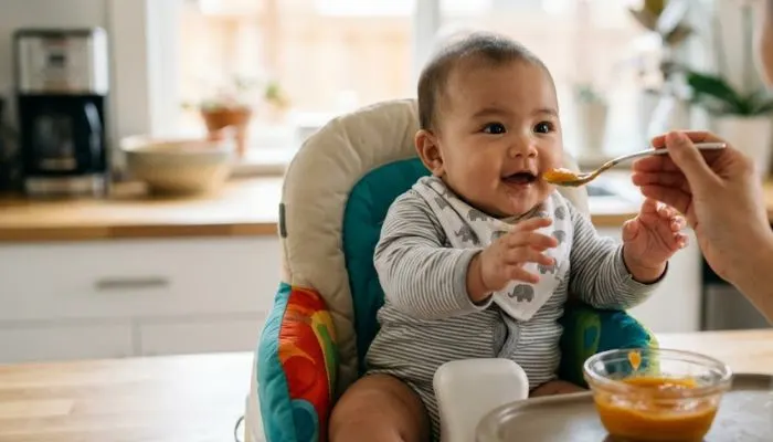 A baby sitting up with support showing signs of readiness for solid foods.