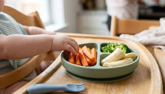 A selection of safe, soft finger foods like cooked carrot sticks and banana for a baby learning to self-feed.