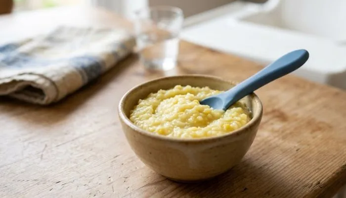 A small bowl of freshly made, soft-mashed baby food, like khichdi, suitable for a 6-month-old.