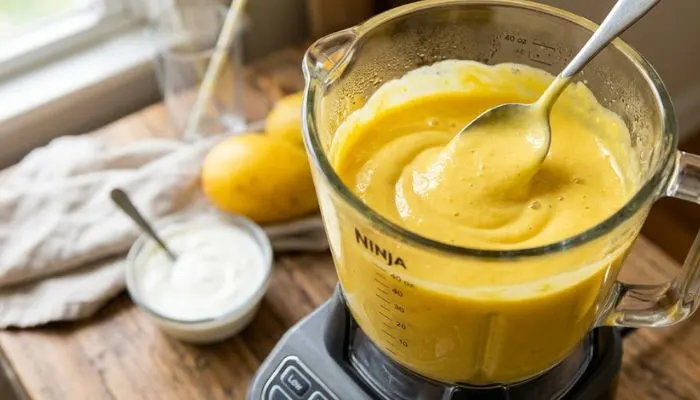 Close-up of a blender containing a smooth, vibrant yellow mixture of mango and yogurt, indicating the perfect consistency for mango lassi.