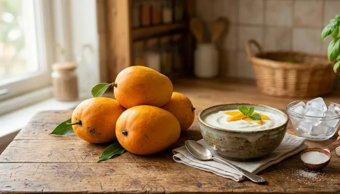 Fresh ripe Alphonso mangoes, a bowl of thick homemade curd, ice cubes, and a small spoon of sugar arranged artistically on a kitchen counter.