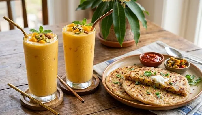 Two tall glasses of chilled mango lassi served next to a plate of hot aloo parathas for a delicious summer meal