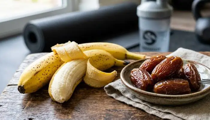 Close up of a banana and dates as quick energy snacks for pre-workout.