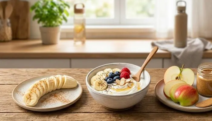 Healthy pre-workout snack options for weight loss including banana, apple, and Greek yogurt.