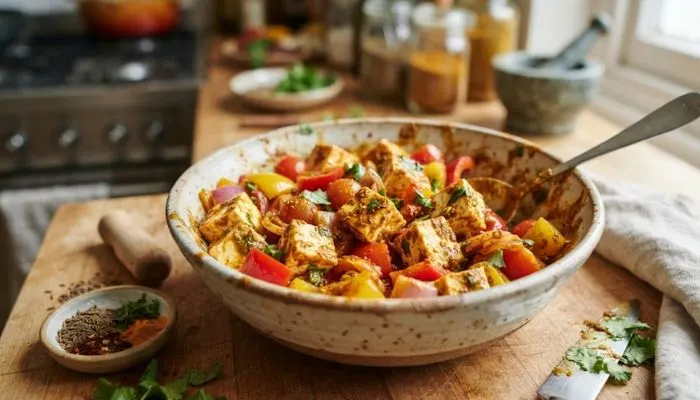 Cubed paneer and vegetables marinating with spices for dinner Cubed paneer and vegetables marinating with spices for dinner