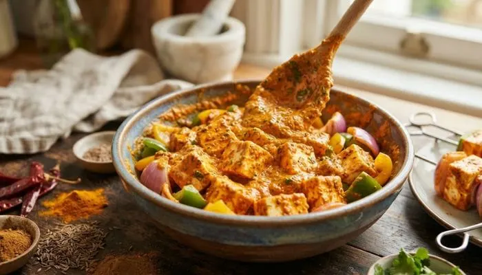 Thick hung curd marinade infused with spices for healthy paneer tikka Thick hung curd marinade infused with spices for healthy paneer tikka