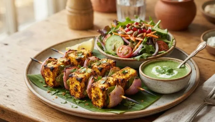 Healthy paneer tikka served with a fresh side salad and green chutney Healthy paneer tikka served with a fresh side salad and green chutney
