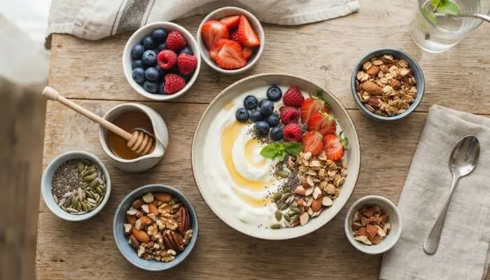 Flat-lay view of yogurt bowl ingredients including fresh fruit, nuts, seeds, and curd. Flat-lay view of yogurt bowl ingredients including fresh fruit, nuts, seeds, and curd.