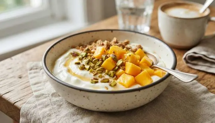 Close-up of a mango and pistachio yogurt bowl served for a healthy breakfast Close-up of a mango and pistachio yogurt bowl served for a healthy breakfast