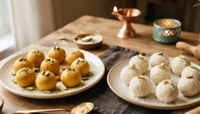 Quick and easy 5-minute homemade Indian sweets like besan ladoo and coconut ladoo Quick and easy 5-minute homemade Indian sweets like besan ladoo and coconut ladoo