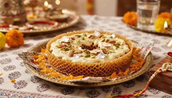 Traditional Rajasthani Ghevar topped with rabri, chopped almonds, and pistachios for Rakhi Traditional Rajasthani Ghevar topped with rabri, chopped almonds, and pistachios for Rakhi