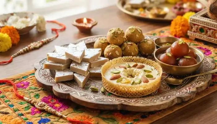 Assorted traditional Indian sweets for Raksha Bandhan including Kaju Katli, Besan Ladoo, and Gulab Jamun Assorted traditional Indian sweets for Raksha Bandhan including Kaju Katli, Besan Ladoo, and Gulab Jamun