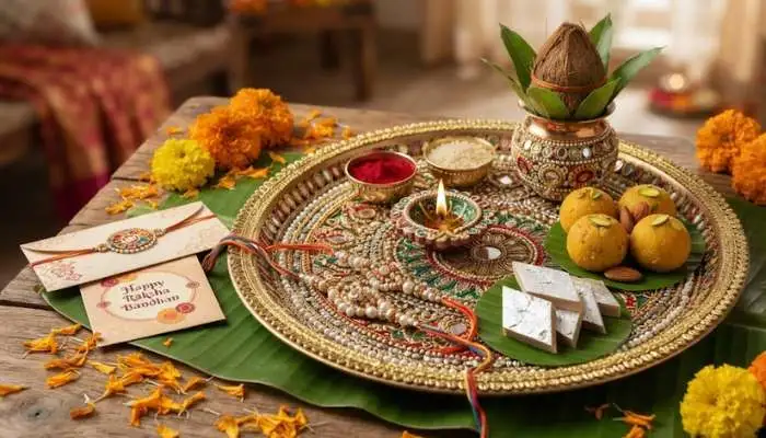 Beautifully decorated Rakhi thali with homemade sweets and banana leaves ready for the celebration Beautifully decorated Rakhi thali with homemade sweets and banana leaves ready for the celebration