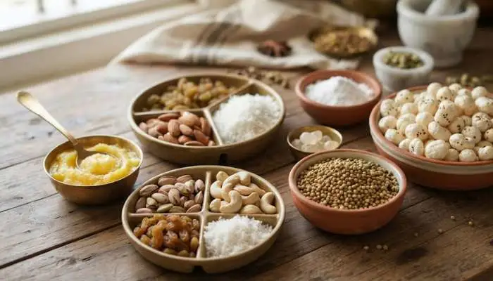 Raw ingredients for making Dhaniya Panjiri including coriander seeds, ghee, makhana, and dry fruits. Raw ingredients for making Dhaniya Panjiri including coriander seeds, ghee, makhana, and dry fruits.