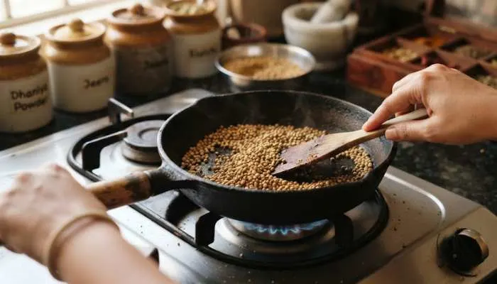 Roasting coriander seeds in a pan on low flame for the Dhaniya Panjiri recipe. Roasting coriander seeds in a pan on low flame for the Dhaniya Panjiri recipe.