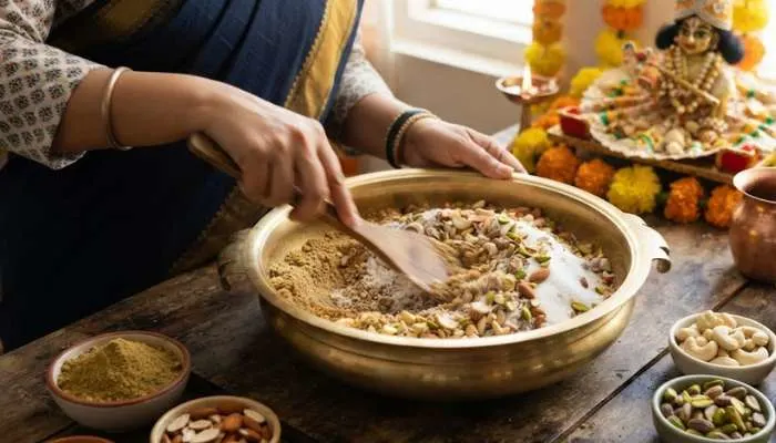 Mixing roasted coriander powder, dry fruits, and powdered sugar for Janmashtami prasad. Mixing roasted coriander powder, dry fruits, and powdered sugar for Janmashtami prasad.