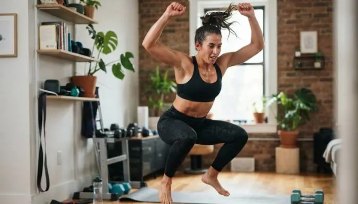 An energetic person mid-air performing a squat jump during an explosive high-intensity fat-burning home workout. An energetic person mid-air performing a squat jump during an explosive high-intensity fat-burning home workout.