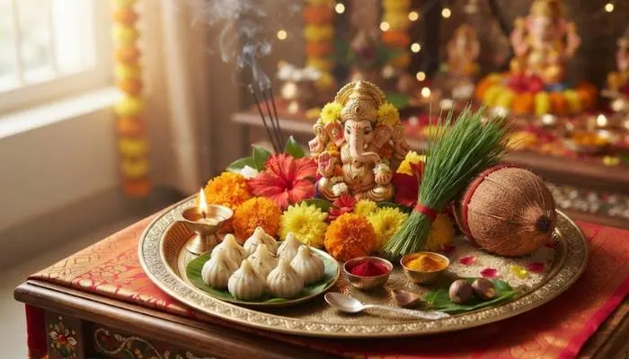 Traditional puja thali arranged with flowers, durva grass, coconut, and modaks for Ganesh Chaturthi rituals. Traditional puja thali arranged with flowers, durva grass, coconut, and modaks for Ganesh Chaturthi rituals.