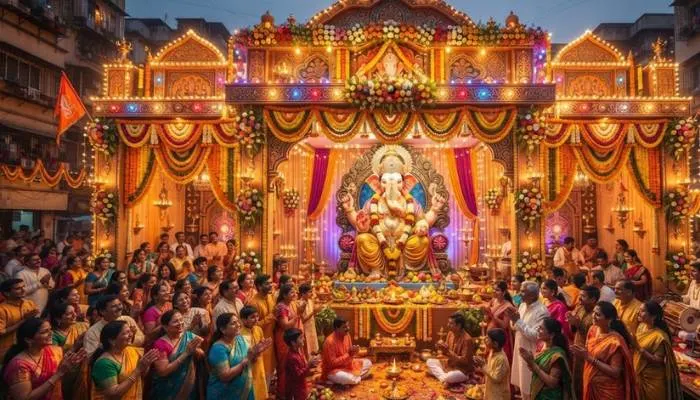 Large community society pandal decorated with colorful lights and flowers for Ganesh Chaturthi. Large community society pandal decorated with colorful lights and flowers for Ganesh Chaturthi.