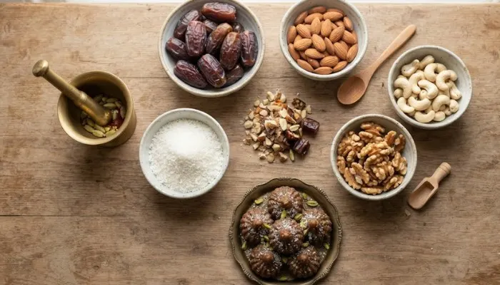 Flat lay of ingredients for healthy dry fruit modak including dates, almonds, cashews, walnuts, and coconut Flat lay of ingredients for healthy dry fruit modak including dates, almonds, cashews, walnuts, and coconut