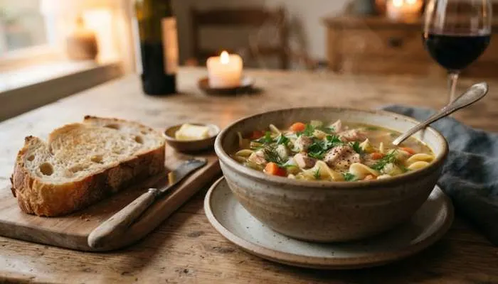 Bowl of hot chicken soup served with crusty bread on the side for dinner" Bowl of hot chicken soup served with crusty bread on the side for dinner"