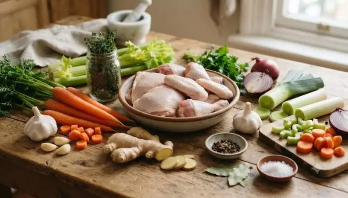 Fresh ingredients for healthy chicken soup including bone-in chicken, carrots, ginger, garlic, and vegetables on a wooden table Fresh ingredients for healthy chicken soup including bone-in chicken, carrots, ginger, garlic, and vegetables on a wooden table