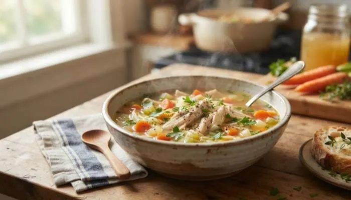 Low-calorie healthy chicken vegetable soup bowl perfect for weight loss dinner Low-calorie healthy chicken vegetable soup bowl perfect for weight loss dinner