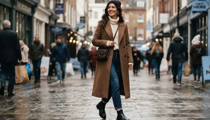 Street style winter fashion featuring a woman wearing a long wool coat over a sweater and jeans with ankle boots. Street style winter fashion featuring a woman wearing a long wool coat over a sweater and jeans with ankle boots.