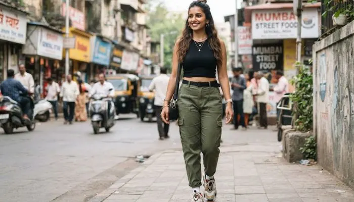 Close up of a woman wearing cargo pants, a fitted crop top, and chunky sneakers for a casual street style look. Close up of a woman wearing cargo pants, a fitted crop top, and chunky sneakers for a casual street style look.