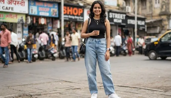 Trendy street style outfit pairing baggy denim jeans with a fitted tank top and white sneakers. Trendy street style outfit pairing baggy denim jeans with a fitted tank top and white sneakers.