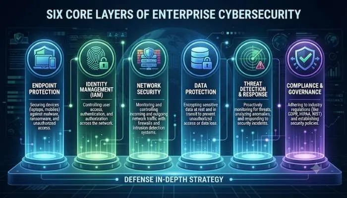 Infographic illustrating the six core layers of enterprise cybersecurity, including endpoint protection, identity management, and threat detection.