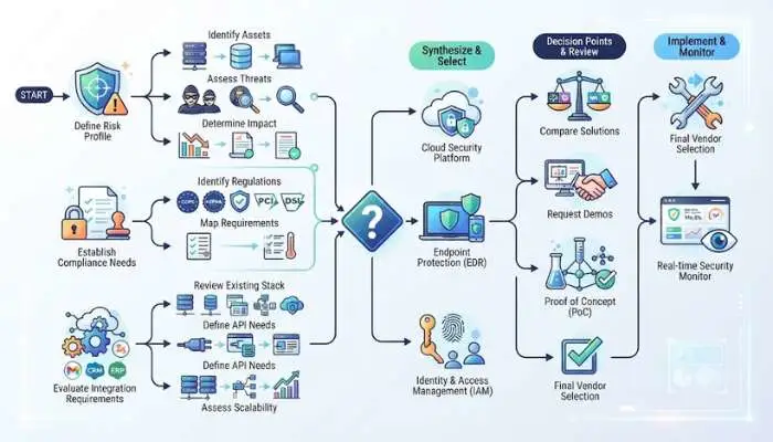 Step-by-step buyer guide flowchart for selecting enterprise security software based on risk profile, compliance, and integration.