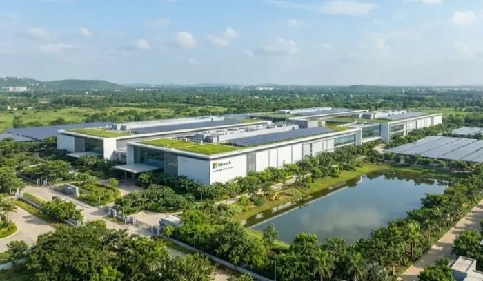 Microsoft's sustainable data center facility in Hyderabad, India. Microsoft's sustainable data center facility in Hyderabad, India.