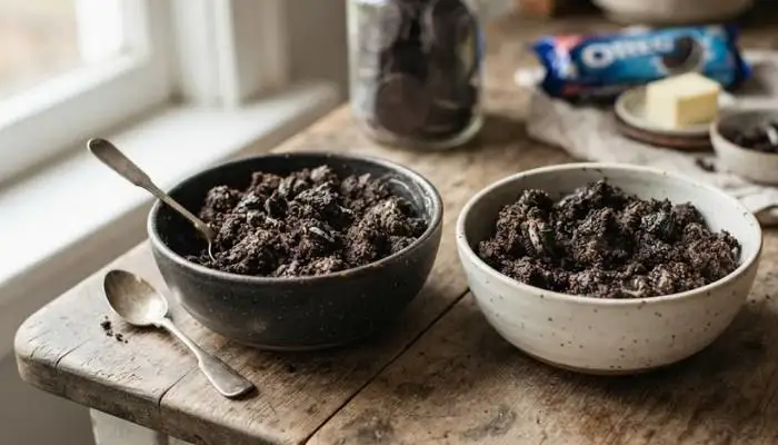 Bowls of crushed Oreo cookies mixed with melted butter looking like wet sand. Bowls of crushed Oreo cookies mixed with melted butter looking like wet sand.