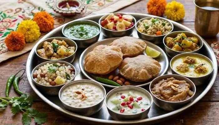 Complete 9-day Navratri vegetarian meal plan thali with grain-free vrat dishes. Complete 9-day Navratri vegetarian meal plan thali with grain-free vrat dishes.