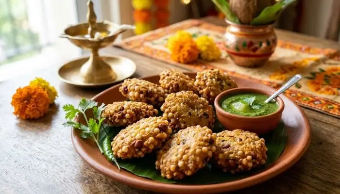 Crispy homemade sabudana vada served with green chutney during Navratri fasts. Crispy homemade sabudana vada served with green chutney during Navratri fasts.