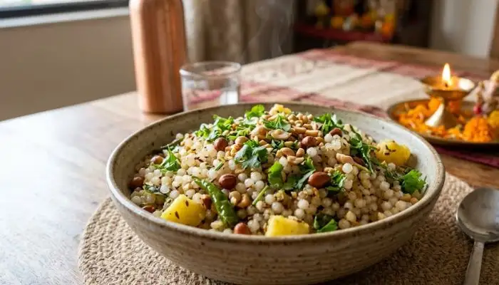 Freshly cooked sabudana khichdi garnished with coriander and peanuts for Navratri fasting. Freshly cooked sabudana khichdi garnished with coriander and peanuts for Navratri fasting.