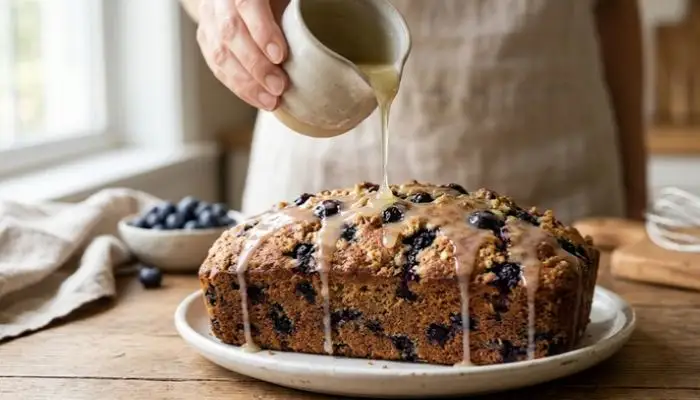 Drizzling sweet lemon glaze over a freshly baked blueberry yogurt loaf cake Drizzling sweet lemon glaze over a freshly baked blueberry yogurt loaf cake