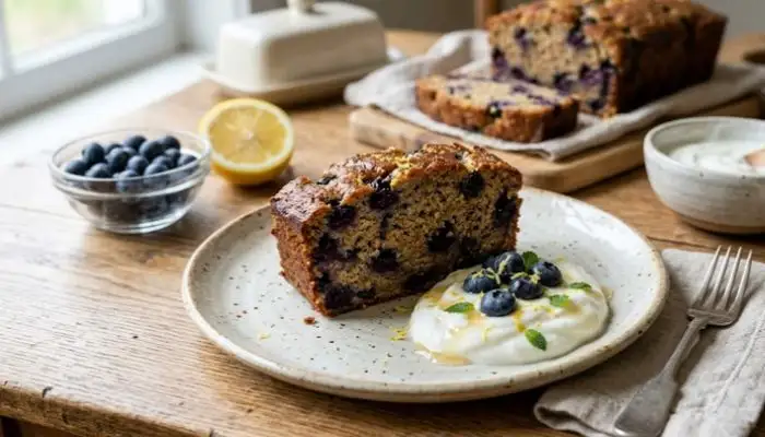 Healthy whole wheat lemon blueberry loaf cake slice served with Greek yogurt Healthy whole wheat lemon blueberry loaf cake slice served with Greek yogurt